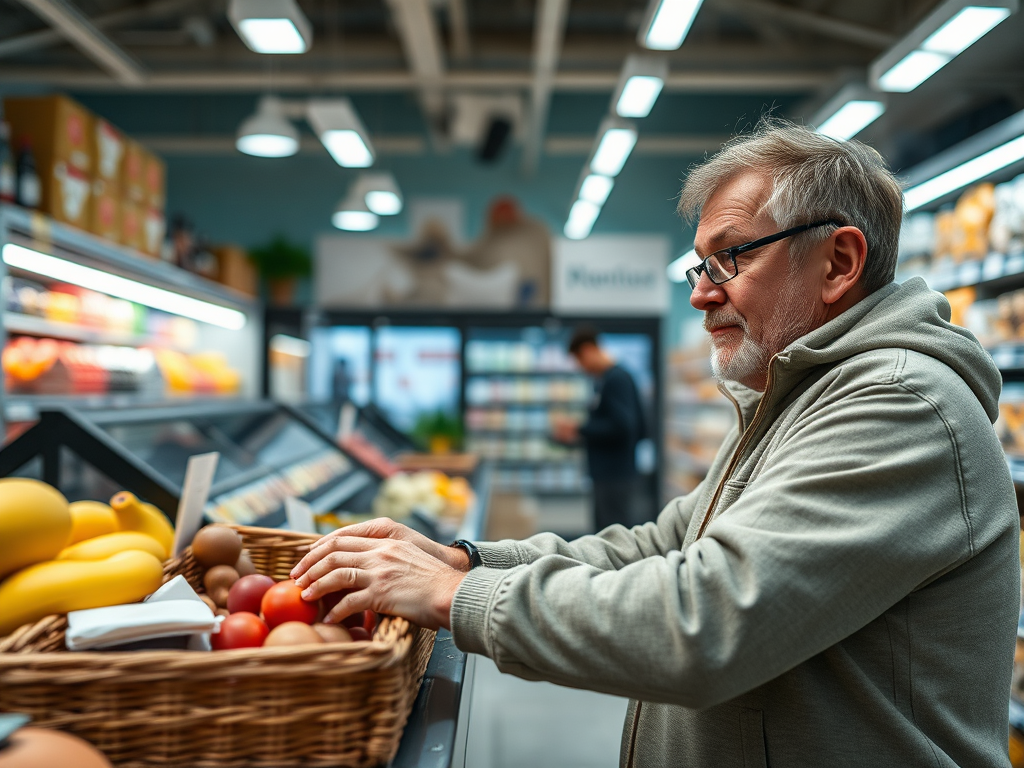 Пожилой мужчина в магазине выбирает свежие продукты из корзины с фруктами и овощами.