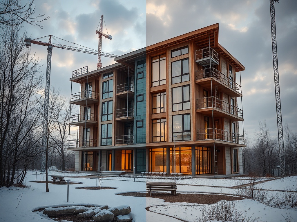 Современное здание с большими окнами, стройка на фоне зимнего пейзажа и серого неба.