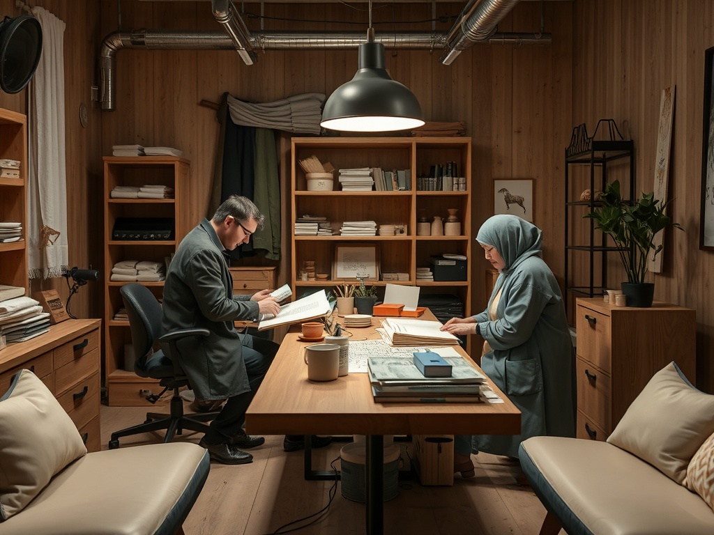 В уютном кабинете мужчина и женщина изучают книги, окруженные полками с бумагами и растениями.