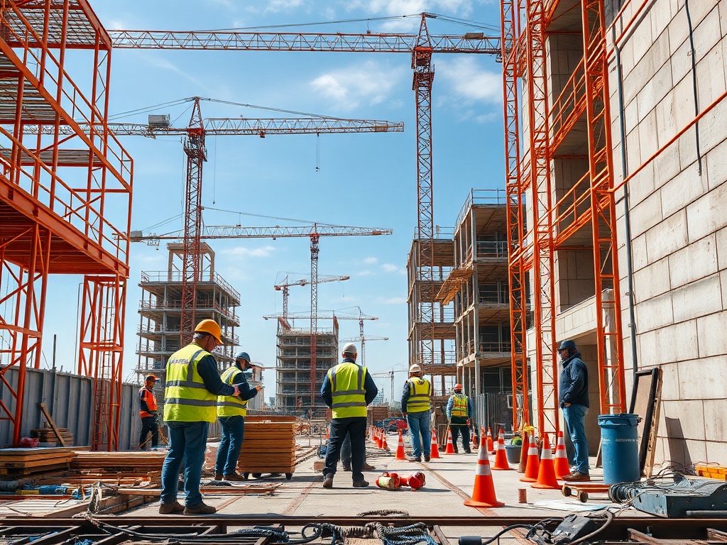 Строительная площадка с рабочими в жилетах, кранами и строительными лесами под ясным небом.