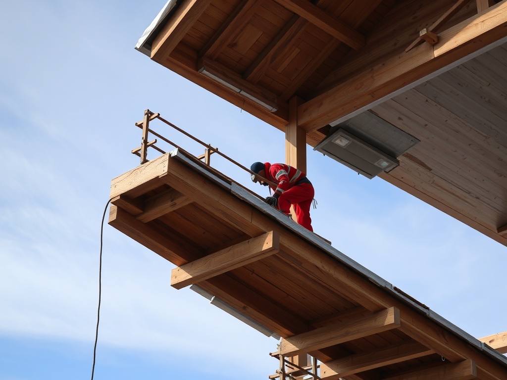 Рабочий в красной одежде устанавливает конструкцию на строящемся деревянном здании под голубым небом.