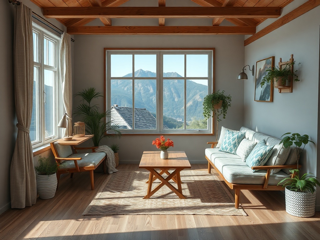 Современный светлый интерьер с растениями и видом на горы через большое окно. Уютная атмосфера.