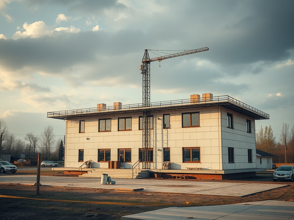 Строящееся здание с краном на фоне облачного неба и парковкой с машинами рядом.
