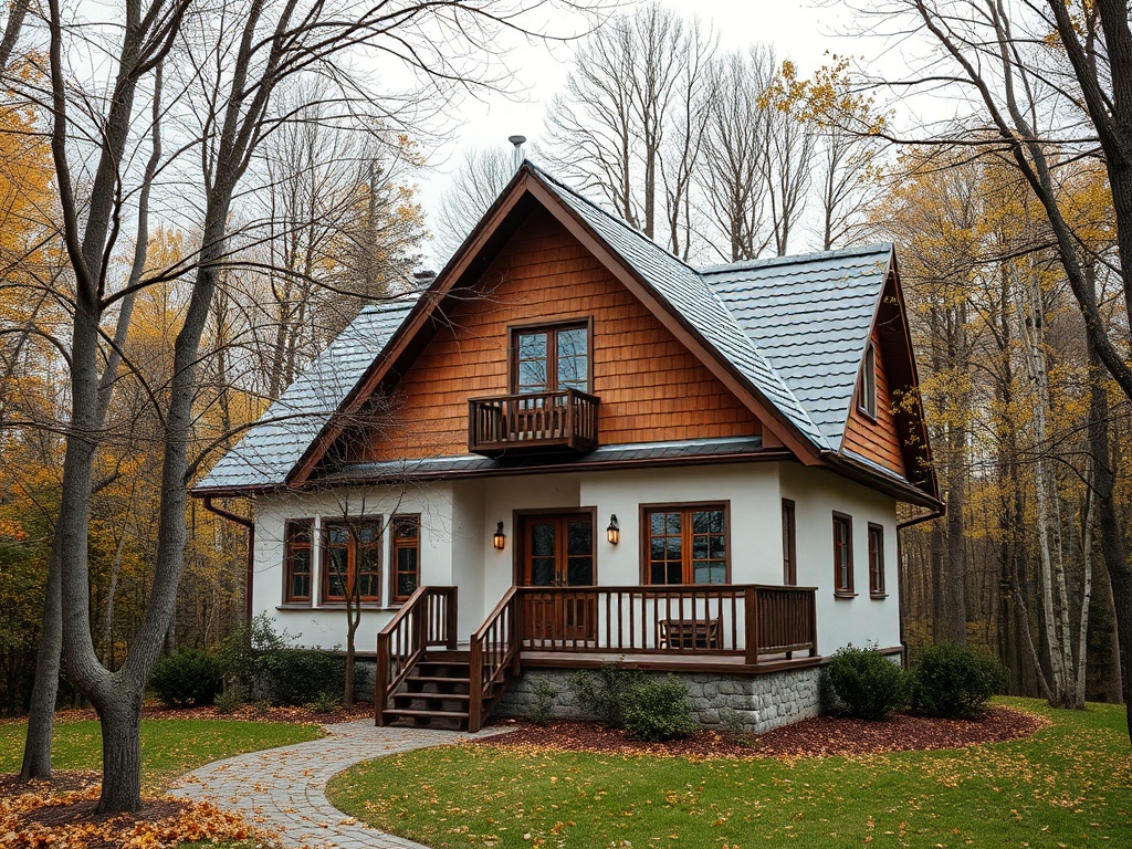 Уютный загородный дом с деревянной отделкой, окружённый осенними деревьями и ухоженным газоном.