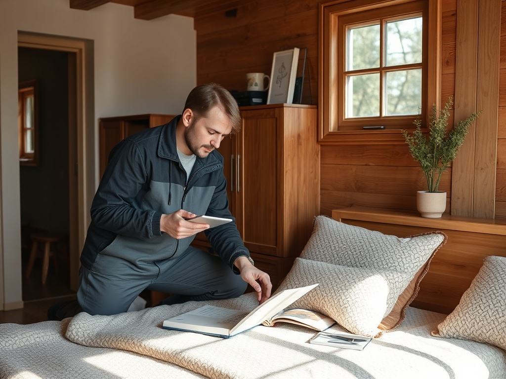 Мужчина читает книгу на кровати и использует планшет в уютной деревянной комнате.