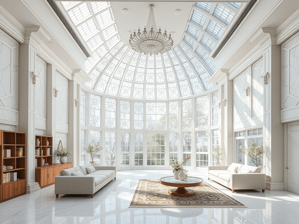 Светлое и просторное помещение с большой стеклянной крышей, элегантной люстрой и уютной мебелью.