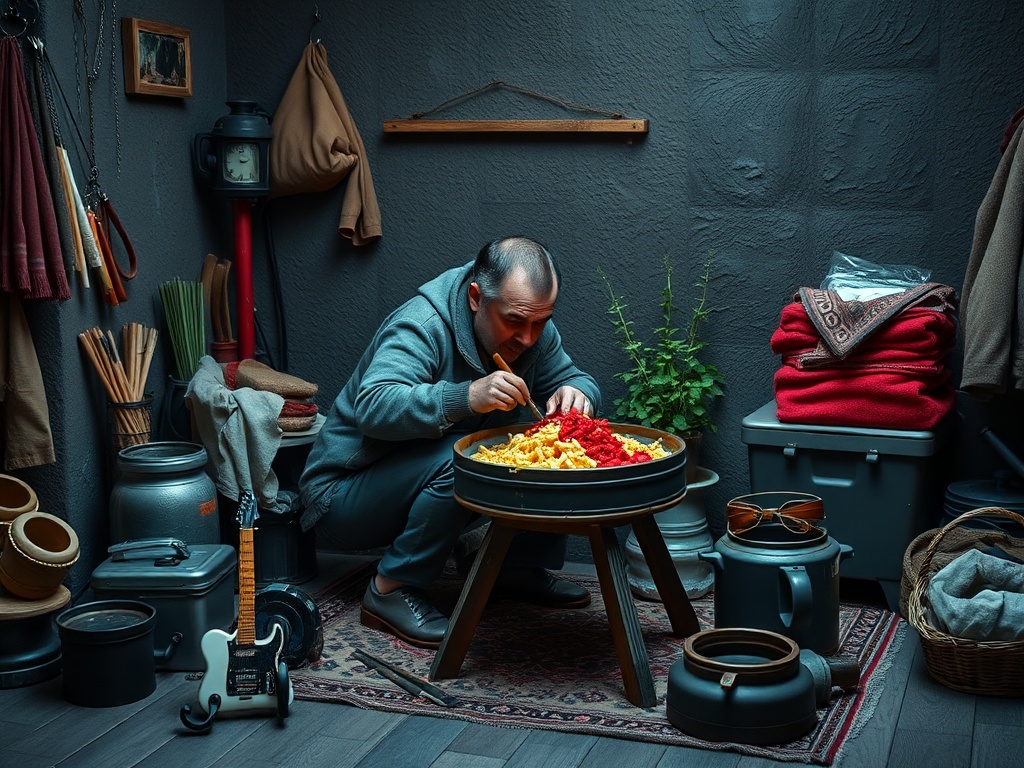 Мужчина в сером свитере готовит пасту на столе в уютной комнате с разными предметами.