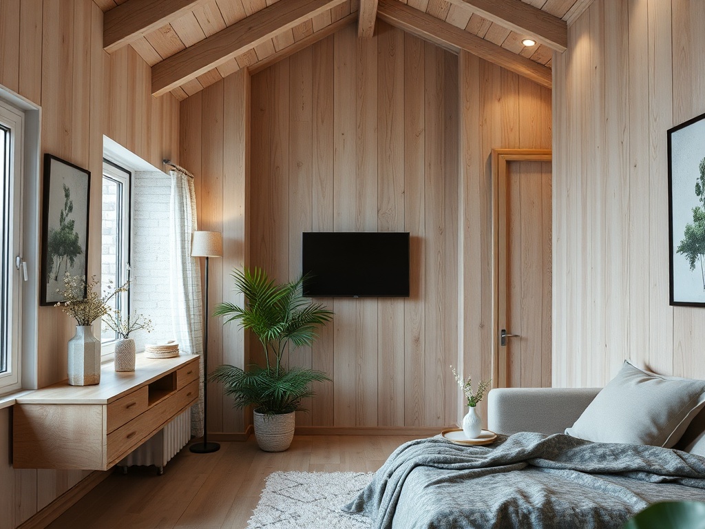 Современная комната с деревянными стенами, уютный диван и зелёные растения рядом с окном.