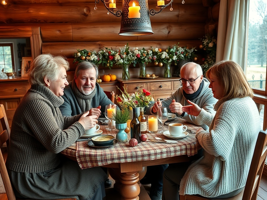 На уютном семейном обеде четверо людей делятся мгновениями, сидя за столом с закусками и напитками.