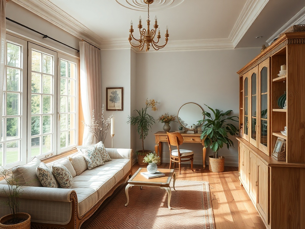 Светлая гостиная с диваном, столом, зеркалом и растениями, большие окна с видом на природу.