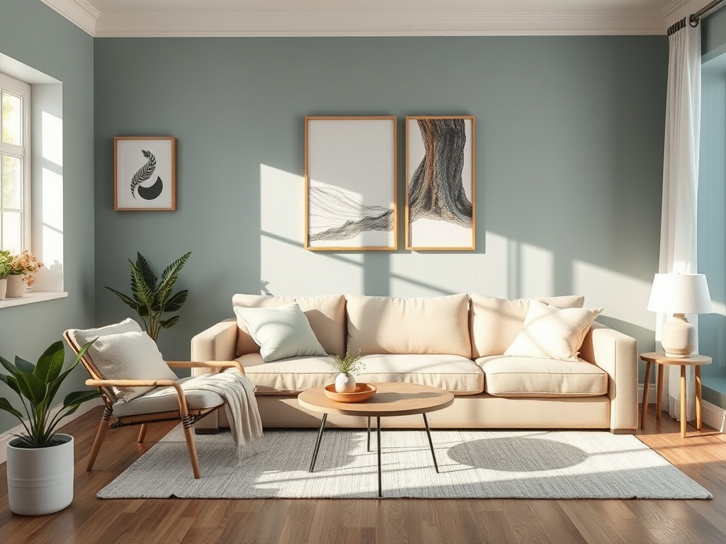 Светлая гостиная с диваном, столом, растениями и картинами на стене. Теплый и уютный интерьер.