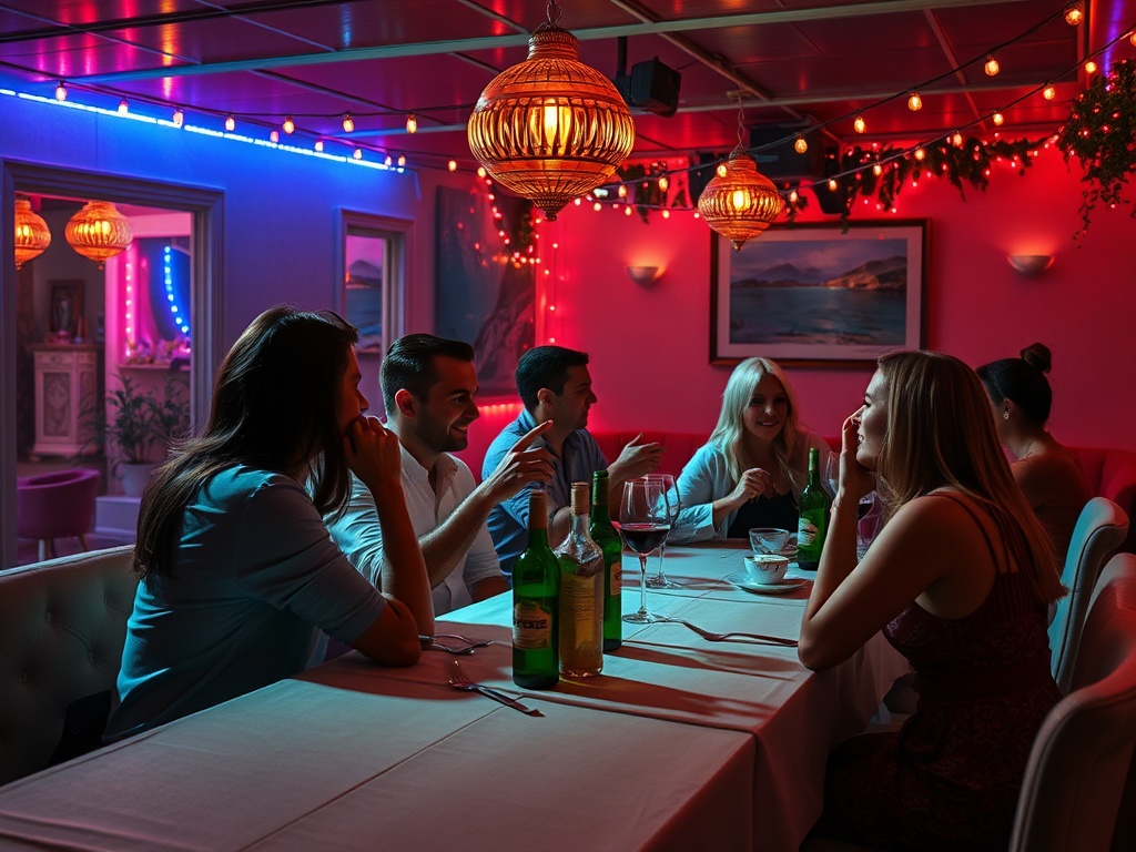 Группа людей разговаривает за столом в ярко освещённом ресторане, окружённом атмосферными огнями.