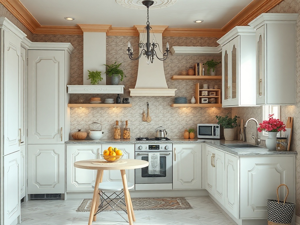 Современная кухня в светлых тонах с деревянными акцентами и центральным столом, украшенным фруктами.