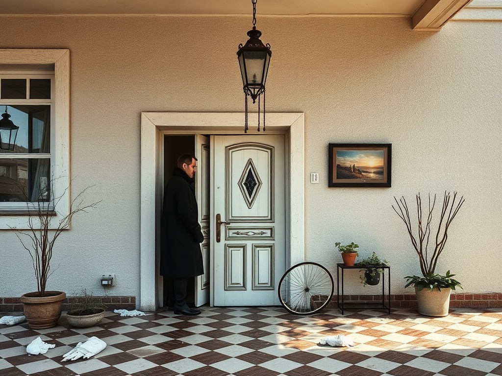 Мужчина в темном пальто стоит у двери, рядом есть цветы и картина на стене. Вокруг плитка.