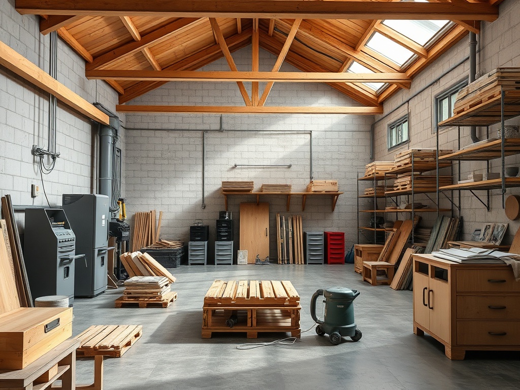 Просторное деревянное пространство с полками, инструментами и материалами для работы. Светлое, чистое, организованное.