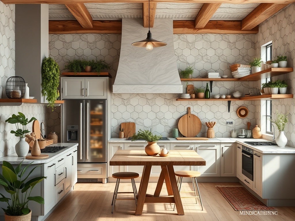 Современная кухня с деревянными элементами, столом, растениями и стильной отделкой на стенах.