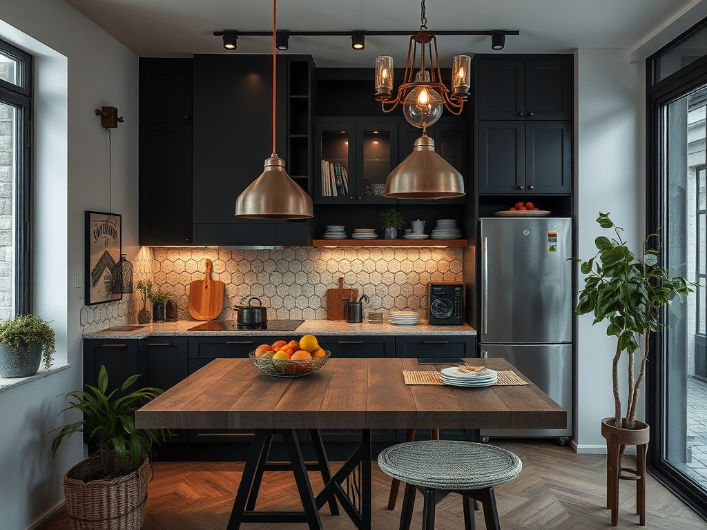 Современная кухня с черными шкафами, медными лампами и столом, усыпанным фруктами. Спокойная, уютная атмосфера.