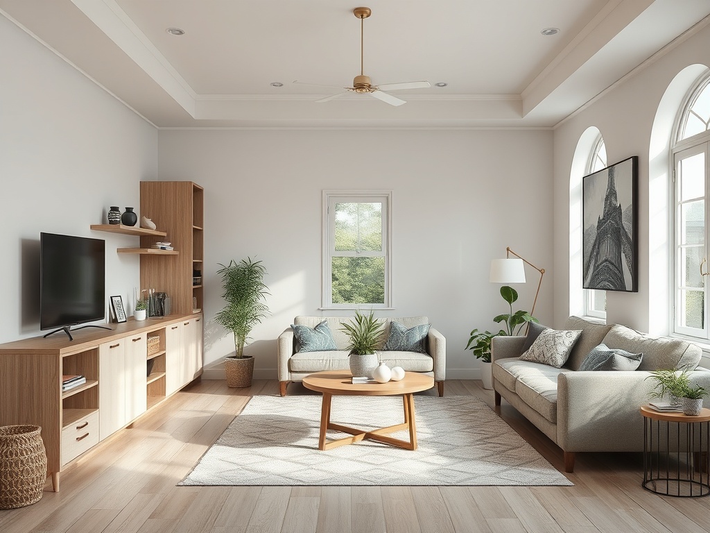 Современная гостиная с мягкой мебелью, телевизором, растениями и большим окном, наполняющим пространство светом.
