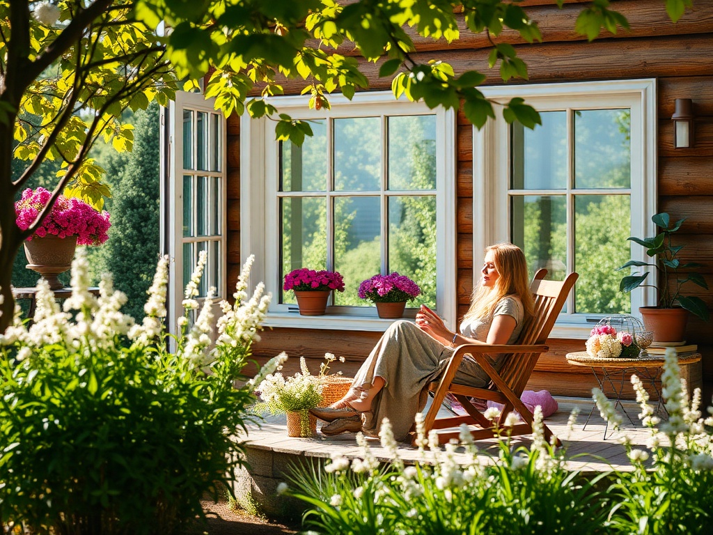 Женщина сидит на веранде загородного дома, наслаждаясь солнечным днем среди цветов и зелени.
