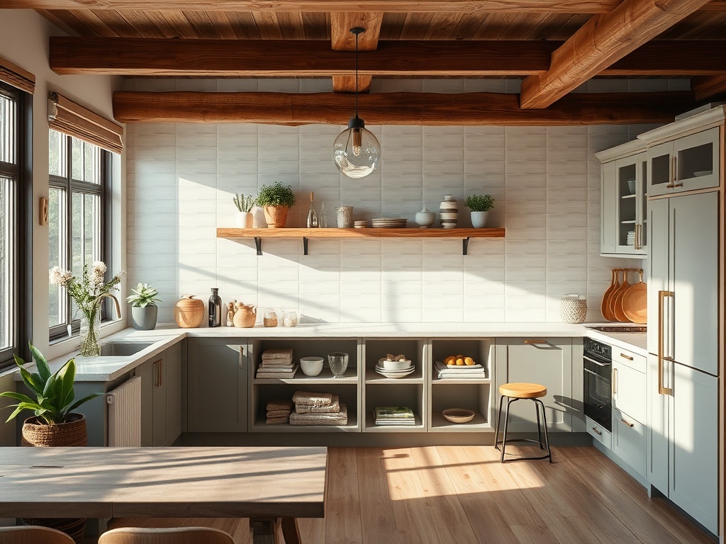 Светлая кухня с деревянными балками, столешницей и полками, украшенная растениями и посудой.
