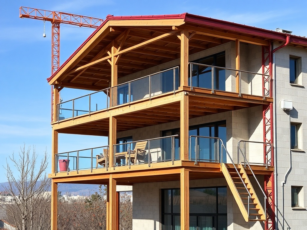 Современный дом с деревянной террасой и строительным краном на фоне ясного неба.