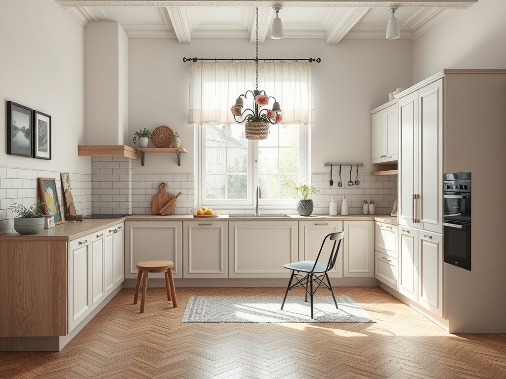 Современная кухня с яркими окнами, деревянным полом и минималистичной мебелью. Стол и стул в центре.