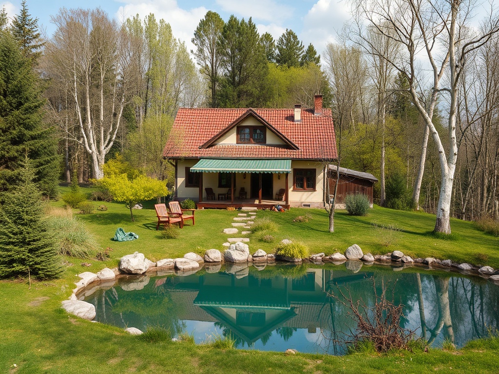 Уютный загородный дом с зеленым садом и прудом, окруженный деревьями и спокойной природой.