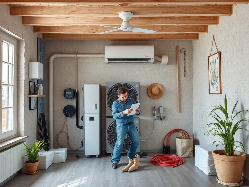 Мужчина в голубом комбинезоне читает инструкции на планшете в стильной комнате с растениями и техникой.