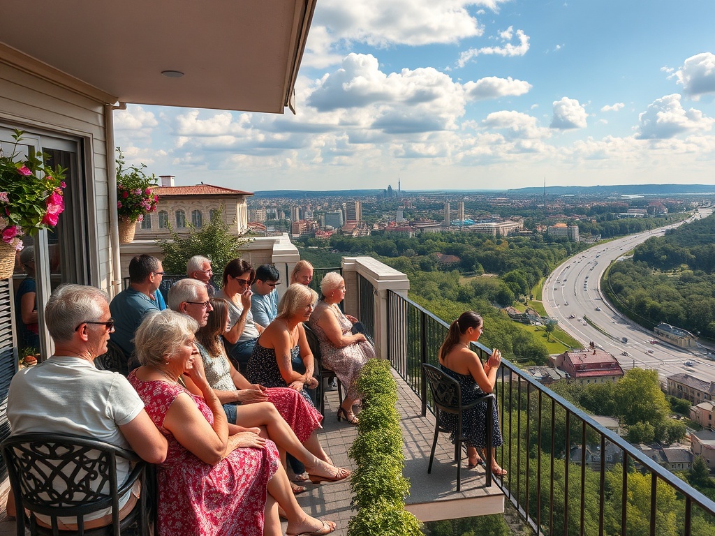 Группа людей сидит на балконе с видом на город и дорогу, наслаждаясь прекрасной погодой.