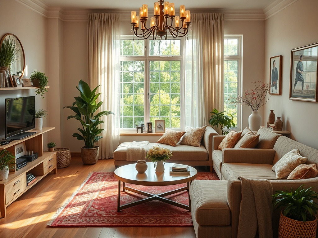 Уютная гостиная с большим окном, зелеными растениями и мягким диваном, оформленная в светлых тонах.
